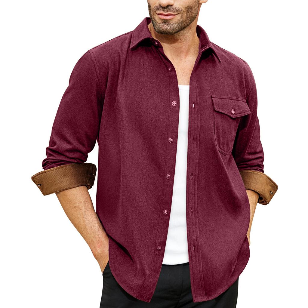 Мужская -цветная Повседневная и модная Рабочая рубашка с длинным рукавом, воротником-стойкой, на пуговицах