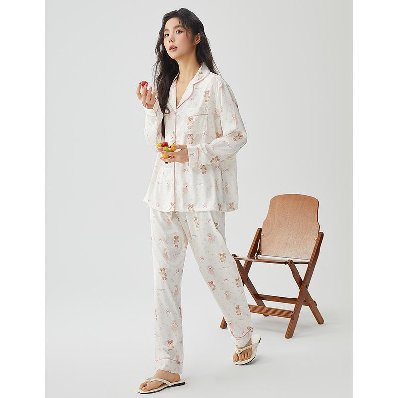 Pajamas women's spring 11 ice silk bow bear pink women's thin loungewear summer one