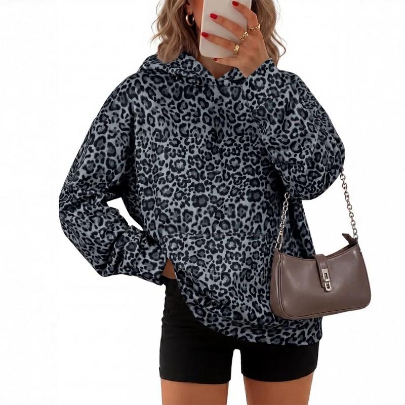 Womens Leopard Print Hooded Sweatshirt 2026 Winter Digital Streetwear Long Sleeve Oversized Top