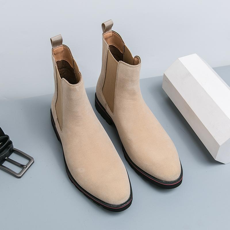 Мода Мужчины Винтаж Мода Челси Ботинки Замша Кожа Одним Шагом Заостренный Носок Деловые Мужские Ботинки для Ходьбы Короткие Ботинки Размер 38-46 Мужские Ботинки