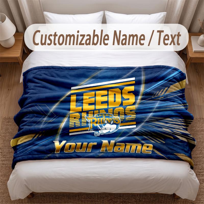Leeds Rhinos Printed Flannel Blanket Custom Name Text Soft Warm Throw For Bedroom Holiday Gift