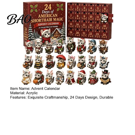 Miniature Cat Ornaments 24 Days Christmas Advent Calendar with Acrylic Figurines, Countdown Festive Window Display for Lovers, Decorative Kitten