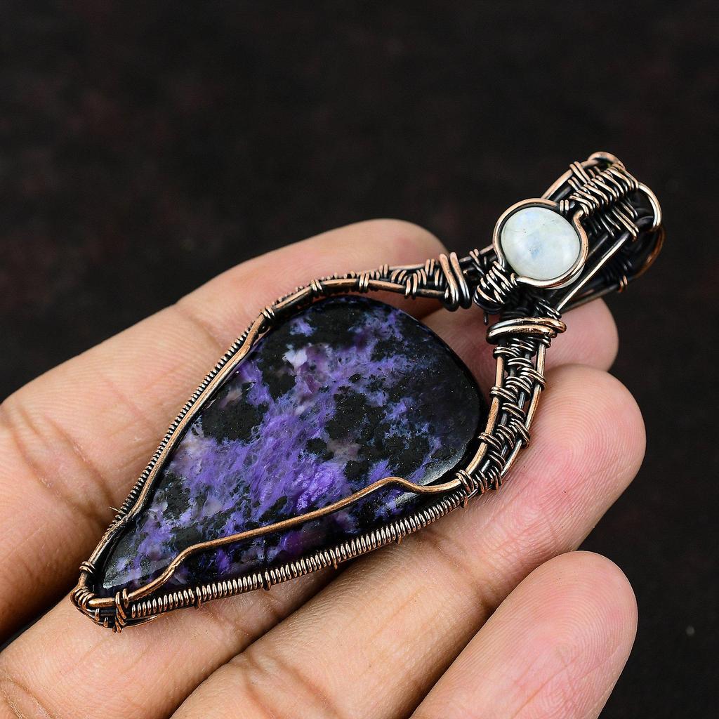 Подвеска из медной проволоки с чароитом, оригинальные ювелирные изделия из драгоценных камней, подвеска из проволочной обмотки ручной работы, ювелирное изделие из лунного камня, подарок для мамы, ювелирные изделия с чароитом