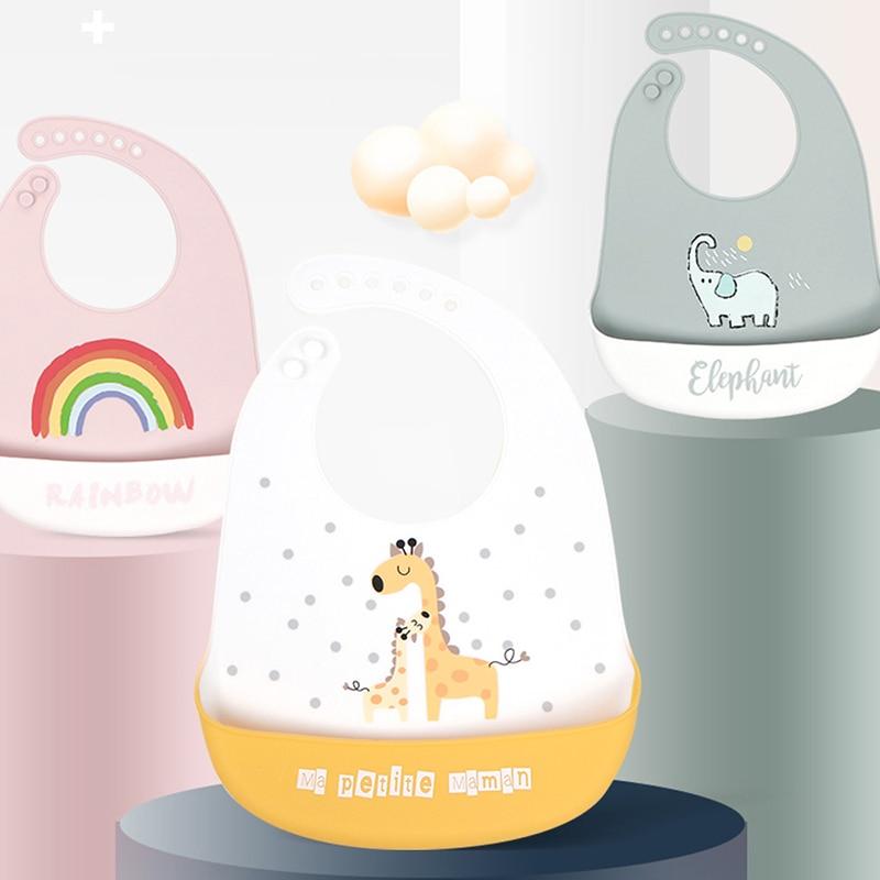 Waterproof Soft Silicone Baby Bibs Cute Cartoon Crown Print Baby Feeding Stuff Kids Girl Boy Adjustable Children Bib