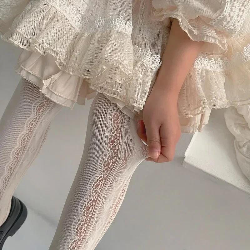 2026 Summer Girls Tights - Pure Cotton Breathable Mesh in Beige/White/Black, Children's Princess Pantyhose for 2-12 Years