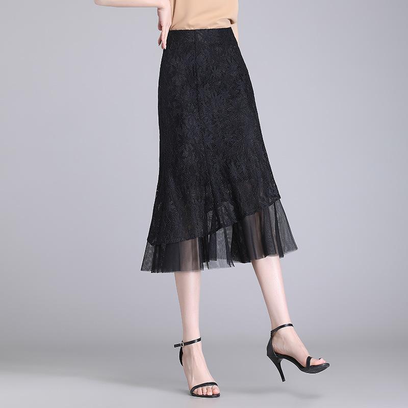 Юбка с кружевом и юбкой-рыбьим хвостом женская летняя черная юбка средней и длинной длины весенняя женская маленькая юбка на весну и осень высокая юбка на бедрах