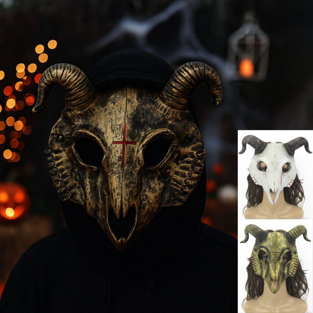 Antelope Halloween Bloody Skull Mask PU Leather Goat Horn Mask Creative Halloween Mask  Women Men