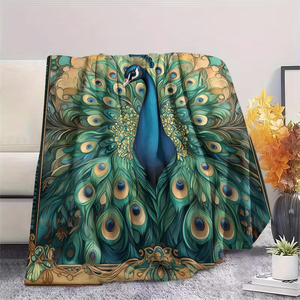 Peacock with Fanned Tail Print Flannel Blanket, High quality Comfortable for All Seasons, Home Decor, Warmth and Comfort