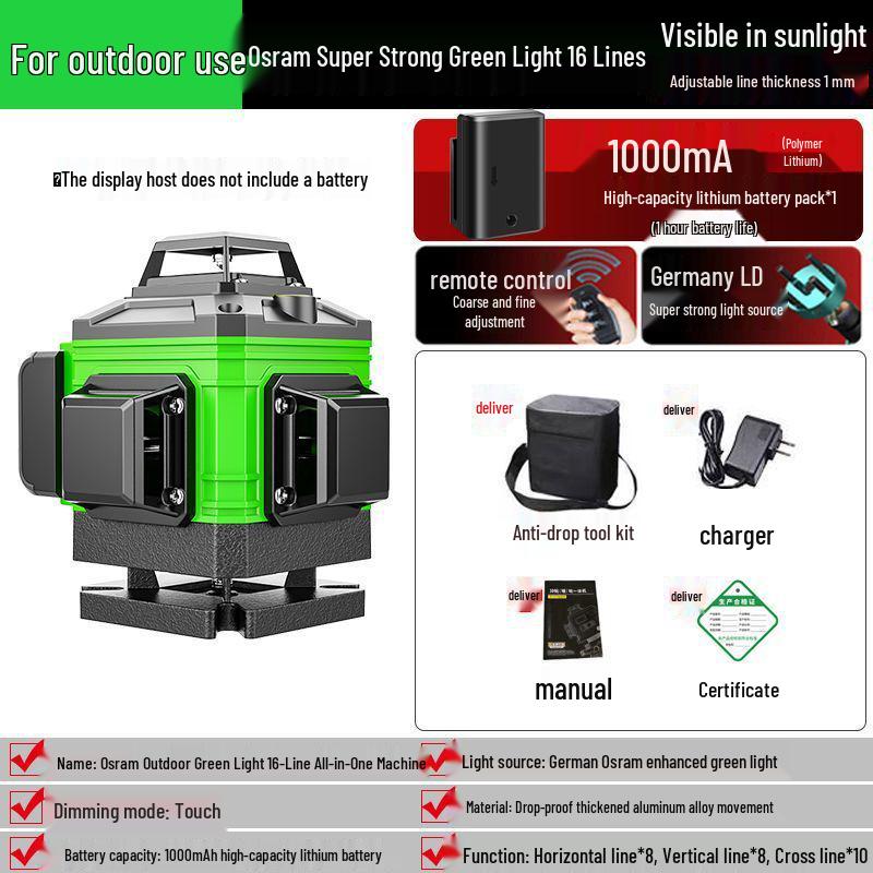 Green Light Laser 8/12/16 High-Precision Infrared Level for Walls/Floors