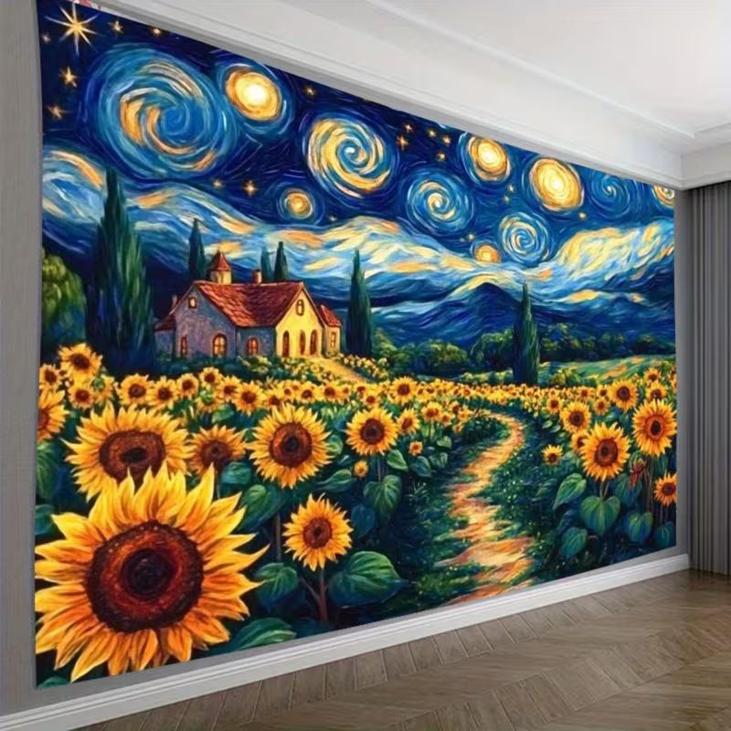 2D Van Gogh Inspired Starry Sky Sunflower Tapestry for Boho & Artistic Home Decoration