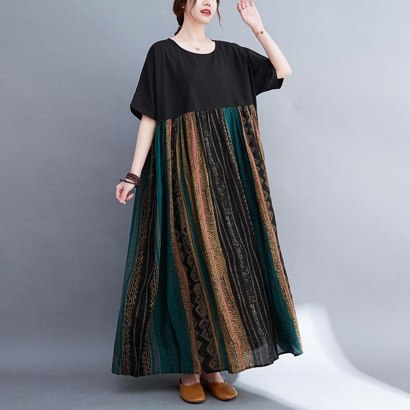 Реальное фото летнее новое литературное большого размера свободное платье с принтом круглым вырезом и коротким рукавом женское длинное платье