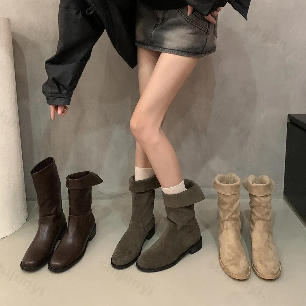 Модные женские сапоги на высоком каблуке с плиссе до середины голени, осенне-зимние женские модные кожаные сапоги в стиле вестерн, женские сапоги-ковбойши с острым толстым каблуком