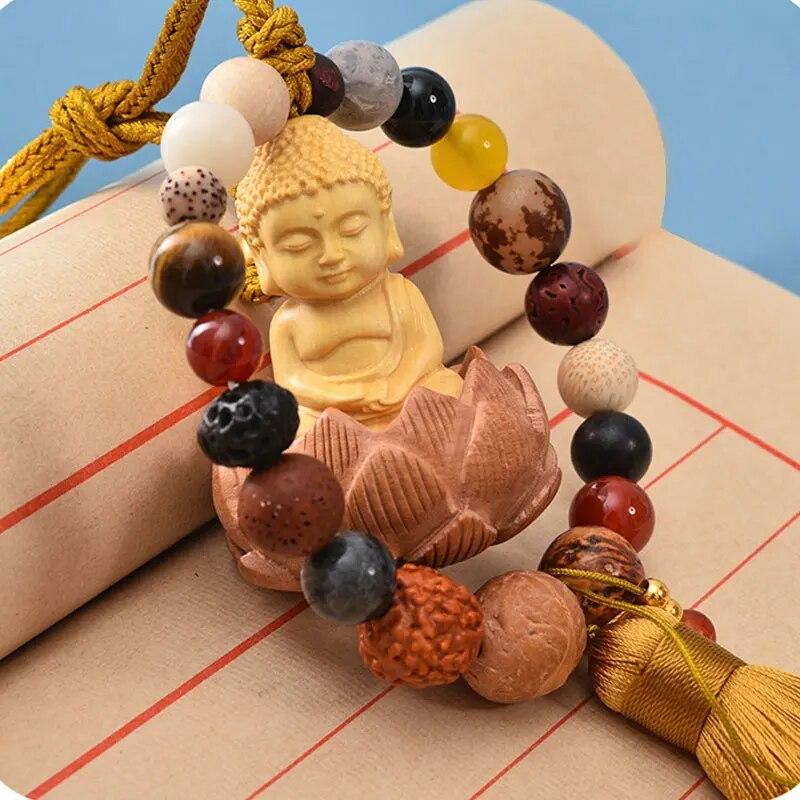 Upgraded Car Rearview Mirror Buddha Pendant Chinese Wooden Carving Lotus Buddha Statue Auto Hangings Tassel Decor Car Interior