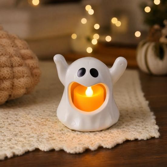 Halloween Ghost Candle Holder with LED Candle, Cute Tea Light Tabletop Decoration Holder, Spooky for Indoor Home Decor, Holiday Party Supplies Shaped