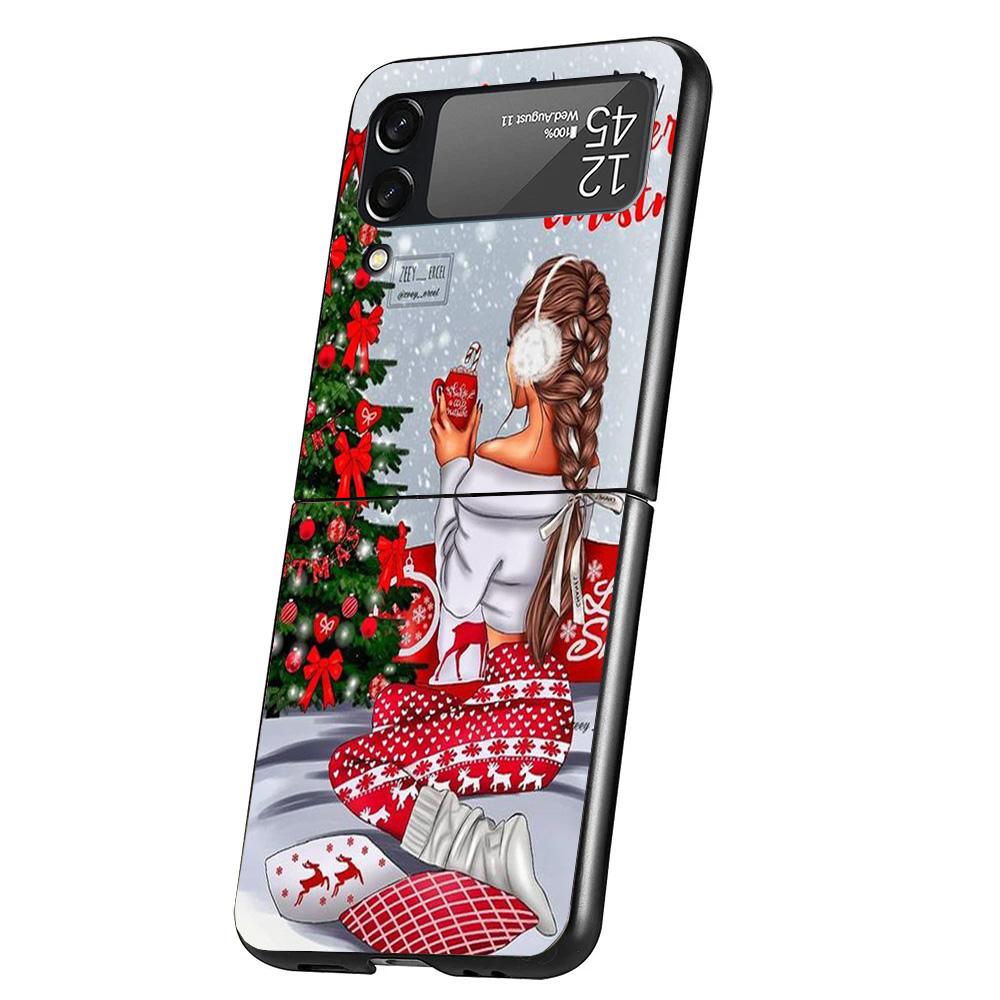 Christmas Girls Tree Gift Cover Phone Case For Samsung Galaxy Z Flip 7 6 5 4 3 5G Flip7 Flip6 Flip5 Flip4 Flip3 Black Fundas She