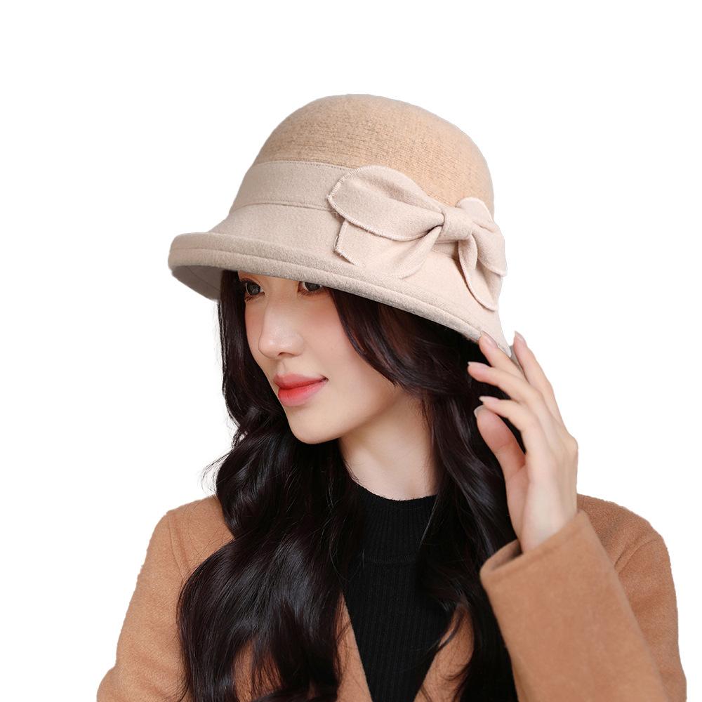 Vintage Women Bucket Cap Solid Bow Woolen Felt Fedoras Hat Female Winter Autumn Ladies Dome Felt Church Jazz Caps Bowler