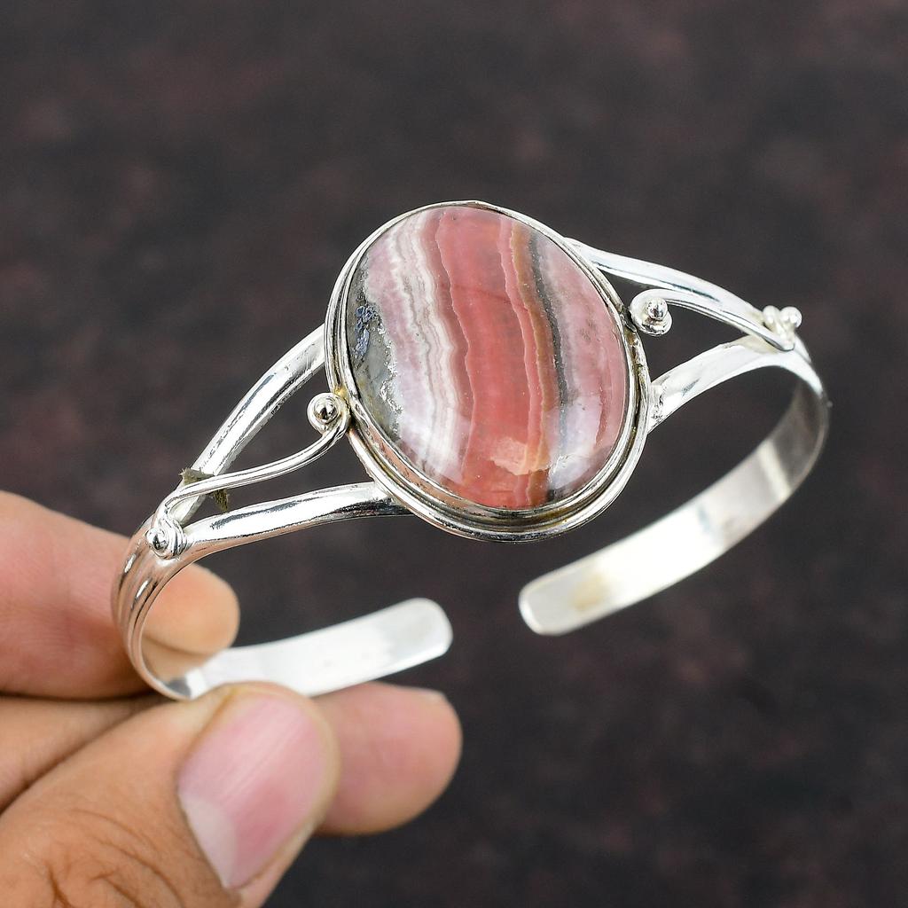Rhodochrosite Cuff Bracelet Real Gemstone Bangle 925 Sterling Silver Cuff Bracelet Handmade Jewelry Adjustable Bangle For Gift Women Jewelry