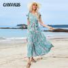 Летние женские платья с принтом, корсетные платья с v-образным вырезом и короткими рукавами, богемные праздничные пляжные платья