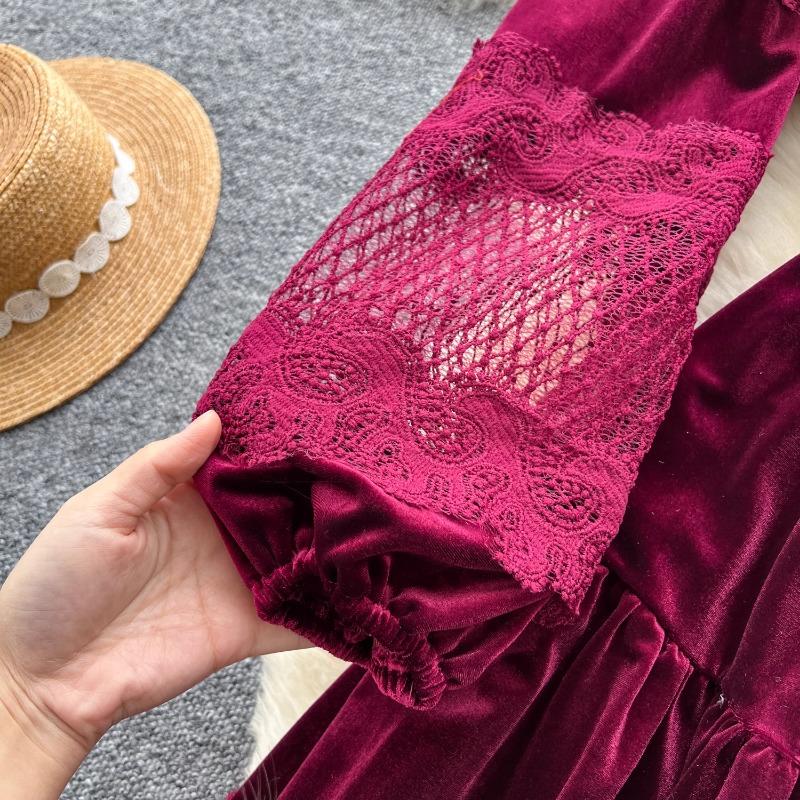 Платья High Street Женские ретро кружевные пэчворк золотые бархатные платья с французской жемчужной пряжкой длиной до талии винтажные шикарные платья