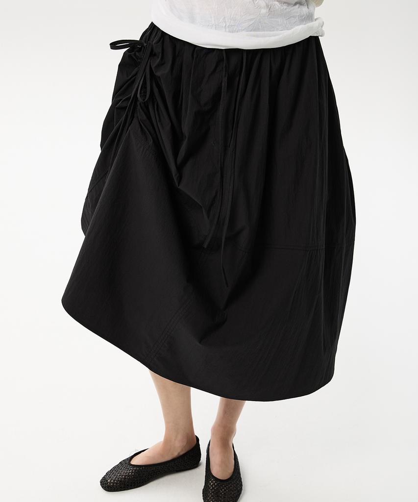 Mid And Row Unbalanced String Flare Skirt (Black)