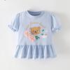 2025 летняя футболка из чистого хлопка с рисунком из мультфильмов для девочек, детская одежда, короткий рукав, юбка, длинный стиль, футболка для девочек, синие топы, футболки
