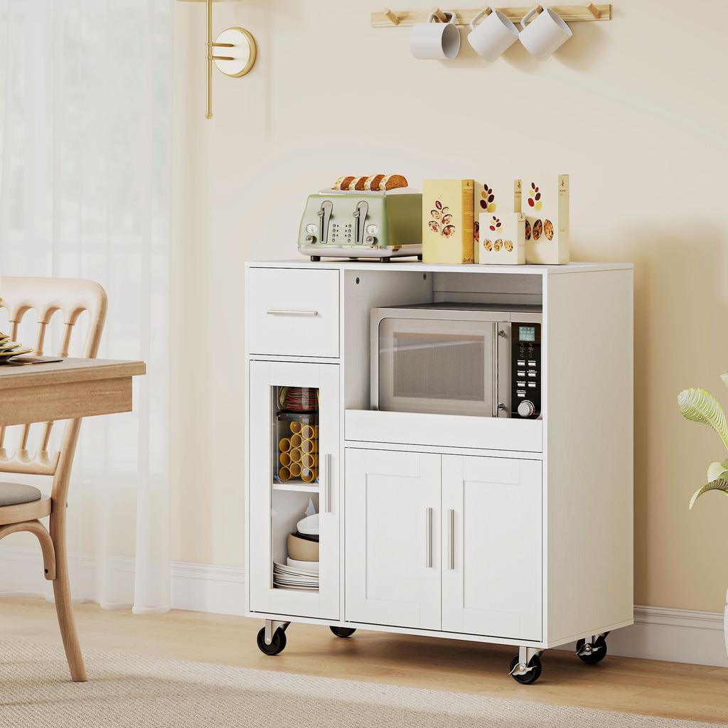 Kitchen Cabinet On Wheels Mobile Kitchen Sideboard With Shelves Drawers Adjustable Shelf Cable Hole White