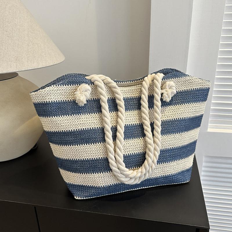 Yogodlns Женская тканая пляжная сумка большой емкости, полосатые сумки на молнии, соломенная сумка в стиле ретро, женская летняя повседневная сумка