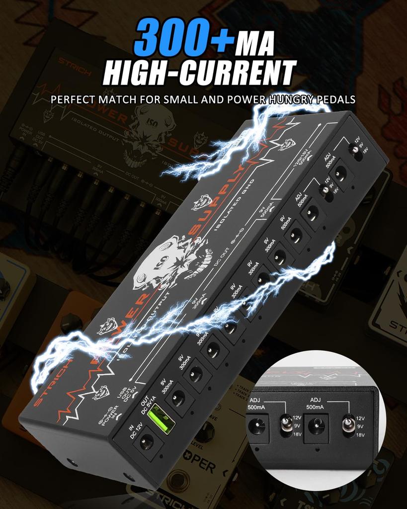 STRICH Guitar Pedal Power Supply 10 Completely Separate Pedal Board Power Supply DC Output High Power and High Current Effect Pedal Noiseless SPS-60
