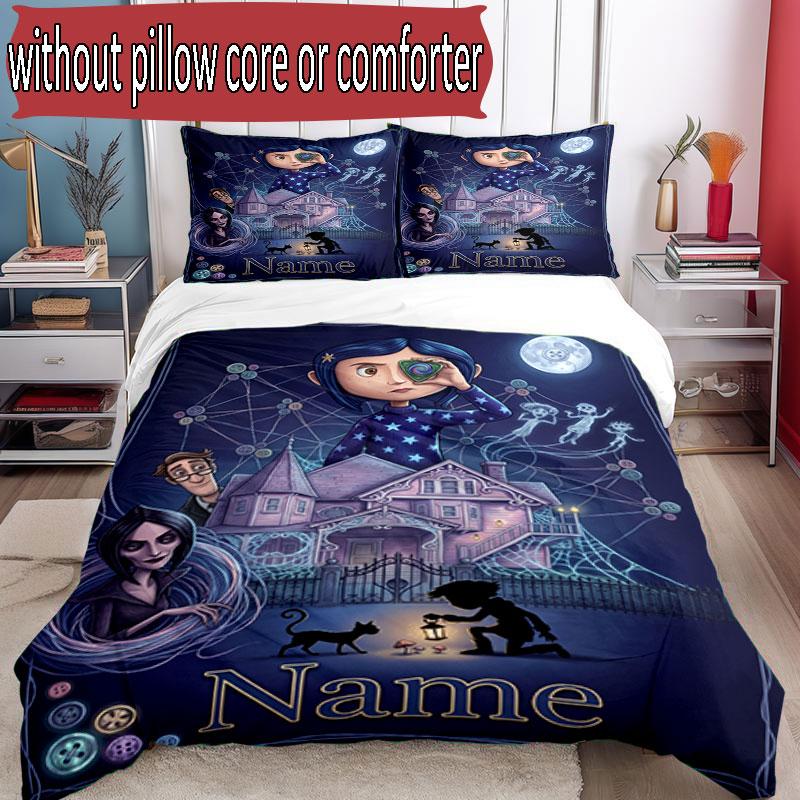 3pcs Duvet Cover Set (1*Duvet Cover + 2*Pillowcase, Without Core), Custom Name Coraline Pattern Bedding Set, Home Bedroom Decor Gift