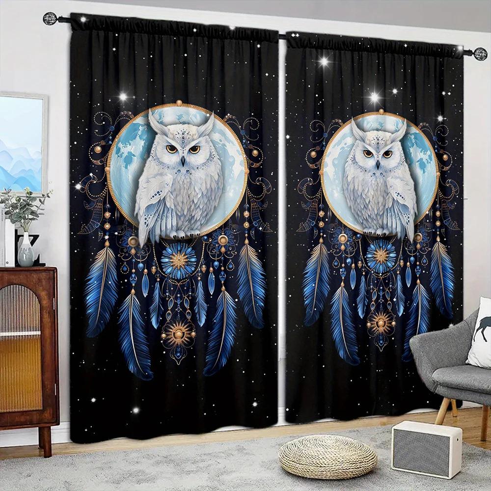 2pcs Owl Printed Curtain for Home Decor - Rod Pocket Window Treatment for Bedroom, Office, Kitchen, Living Room, and Study