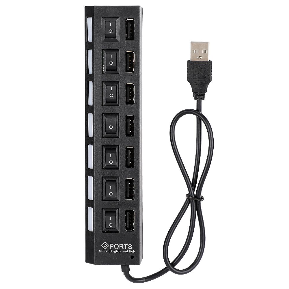 7-портовый USB-хаб Док-станция Черный 480 Мбит/с с переключателем для защиты от перегрузки по току 7 портов Черный