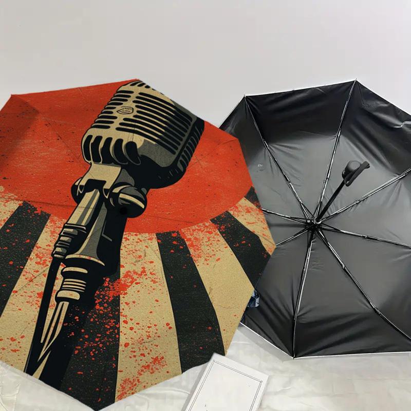 1pc Vintage Microphone Illustration Umbrella with Plastic Handle,Suitable for All Seasons Home Travel Outdoor UmbrellaDD619