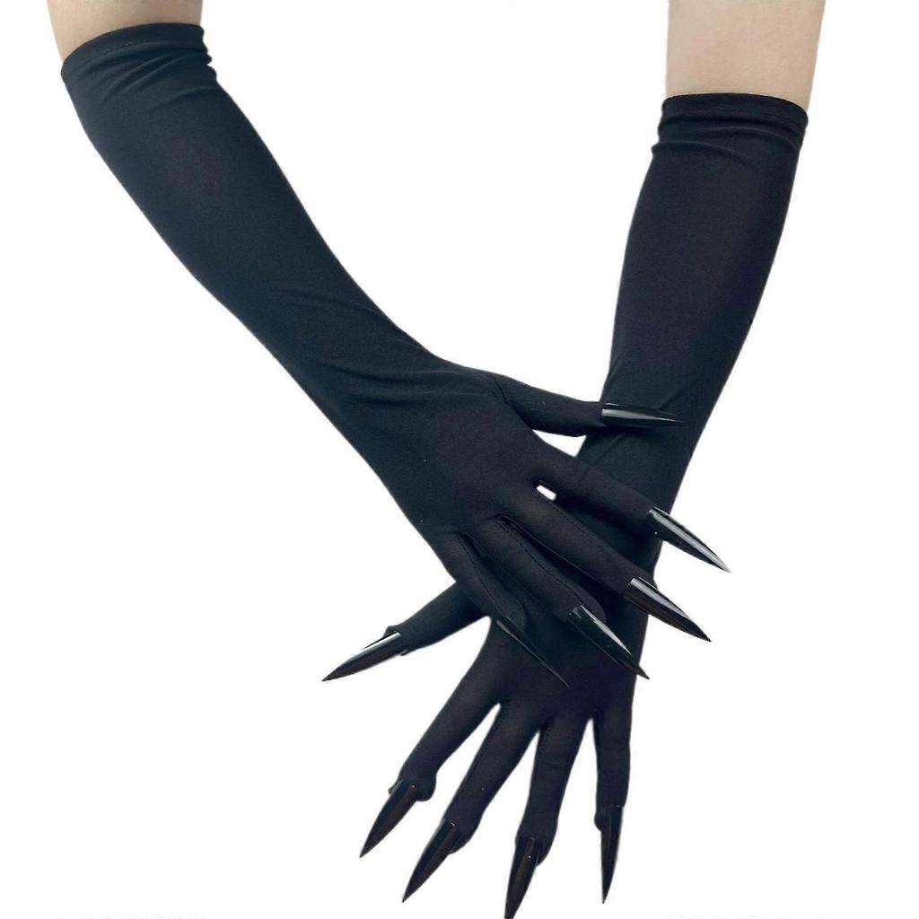 Halloween Cosplay Dark Long Gloves Fingernails for Cosplay Devil Cosume for Halloween Cosplay and Party Props Black