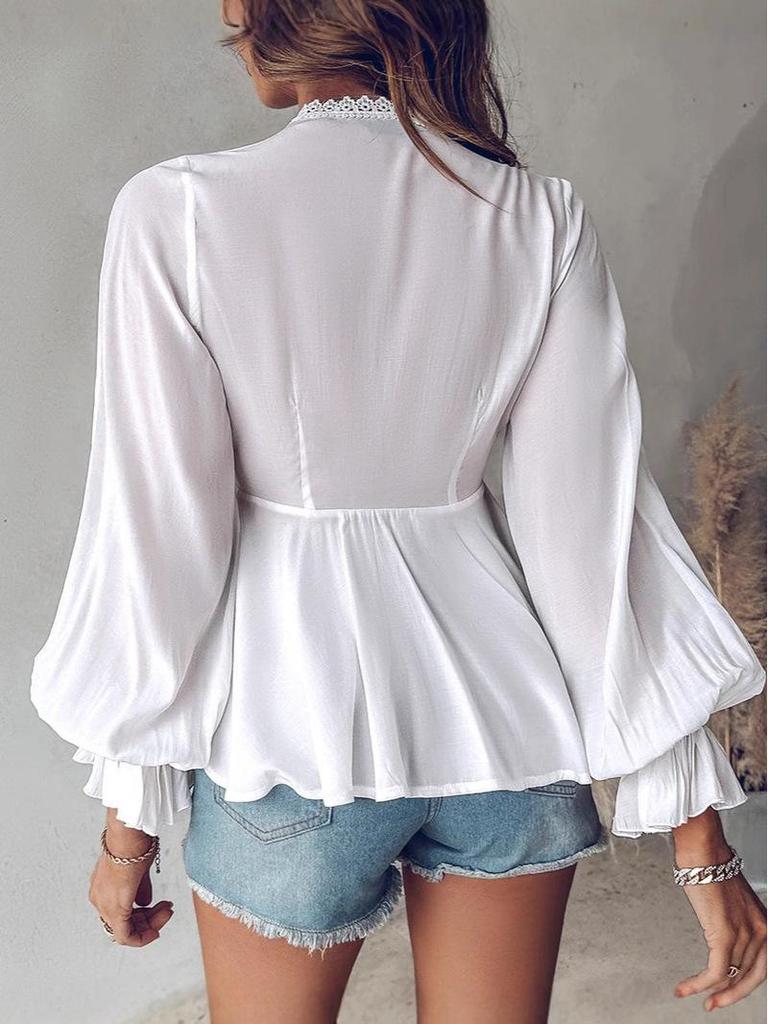 Топ с длинным рукавом и V-образным вырезом, кружевом и бантом для осеннего сезона 2024 года для европейского и американского рынков