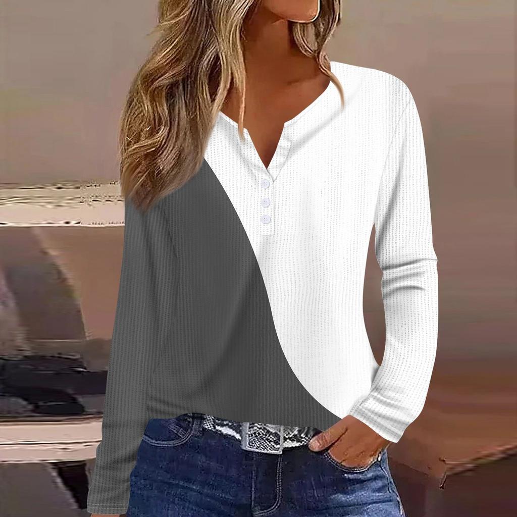 Женская футболка с принтом на пуговицах, длинный рукав, вязаный свитер, повседневный, модный, на выходные, базовый, с V-образным вырезом, обычный топ