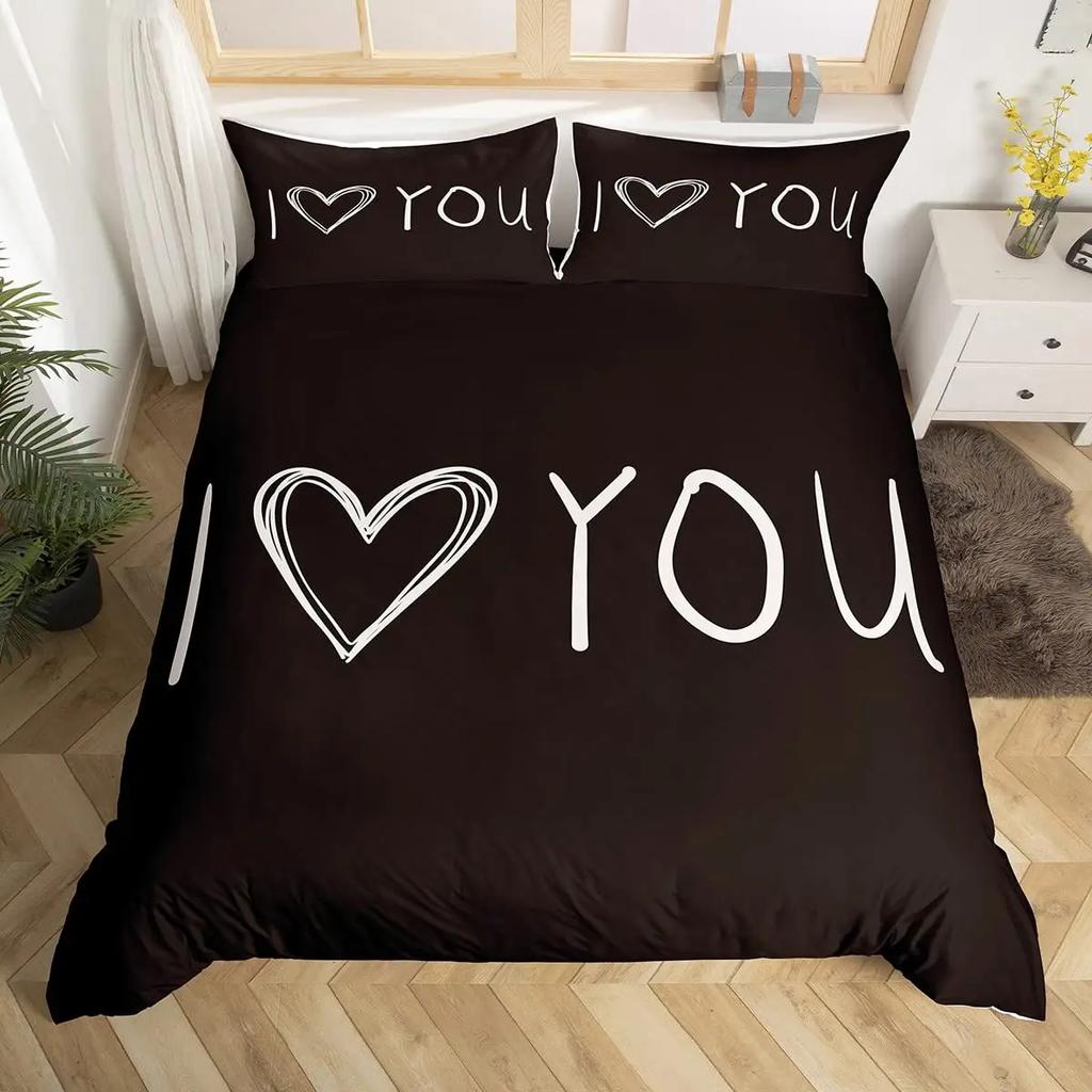Черно-белый комплект пододеяльника Кинг и Квин Комплект постельного белья для пары Романтические подарки на День святого Валентина Полиэстеровый пододеяльник
