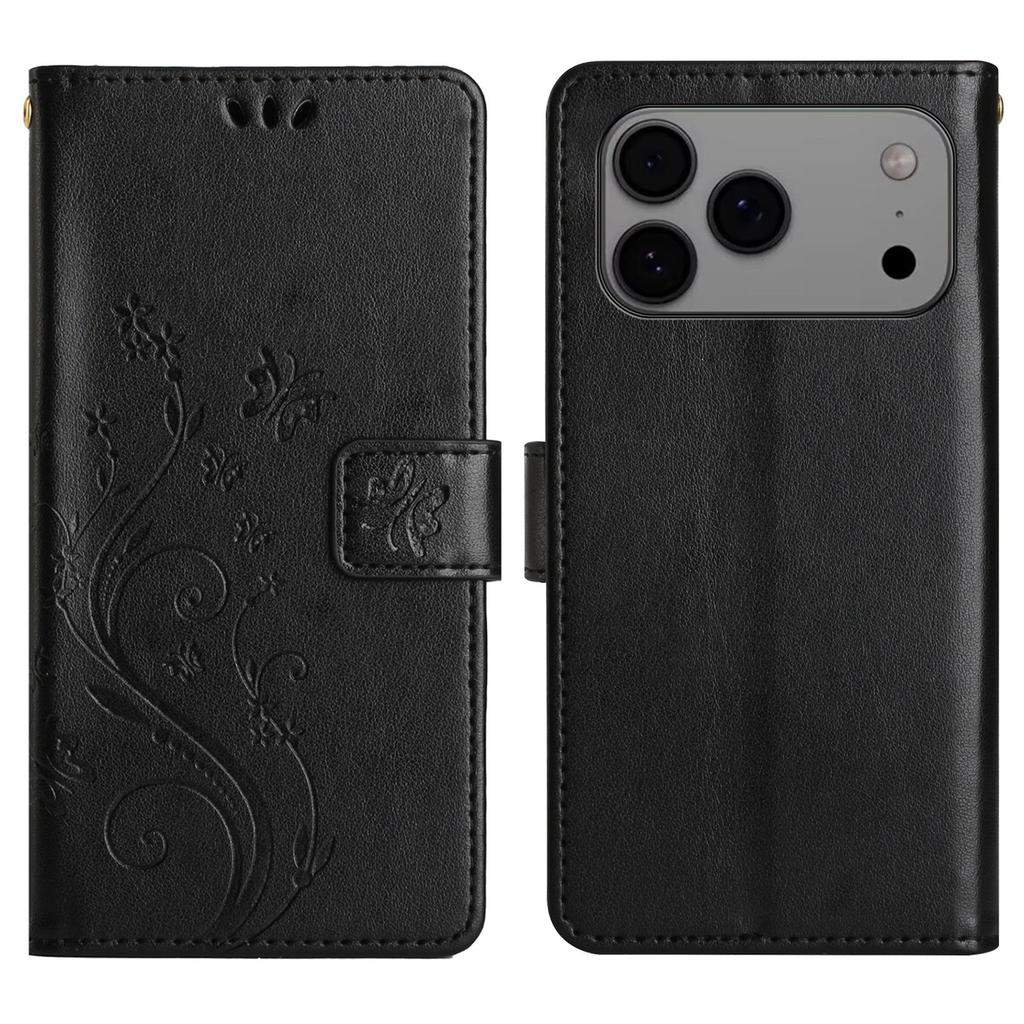 Кожаный чехол-кошелек для iPhone 17 Pro Max с тиснением "Бабочка и цветок" и ремешком