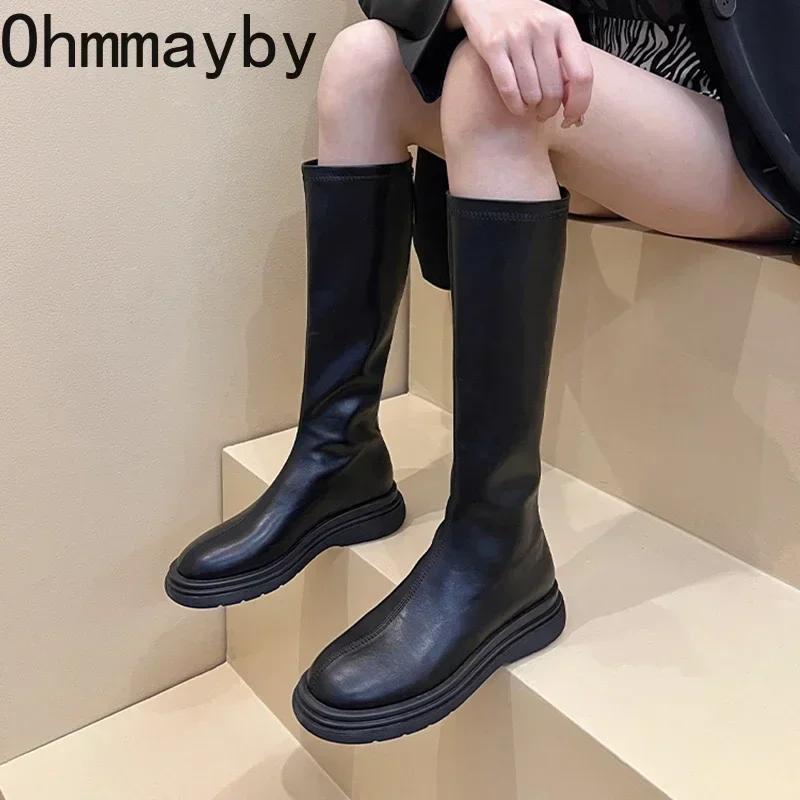 Fashion Winter Cotton Women's High Boots Fashion Soft Leather Back Zippers Long Botas Ladies Comfort Short Plush Knee High Booties