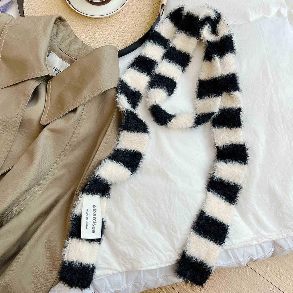 Slender And Long Y2K Striped Plush Scarf Female Niche Design Sense Hot Girl Decorated Scarf