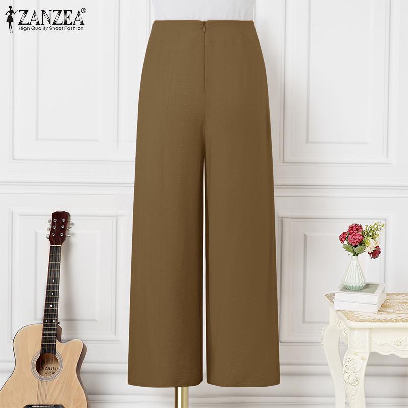 ZANZEA Женские летние брюки с высокой талией и молнией, однотонные, широкие брюки
