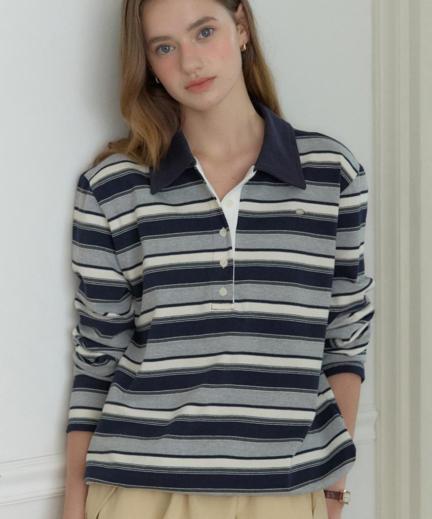 OURHOPE Sorbet Stripe Pique Sleeve T-Shirt - Navy
