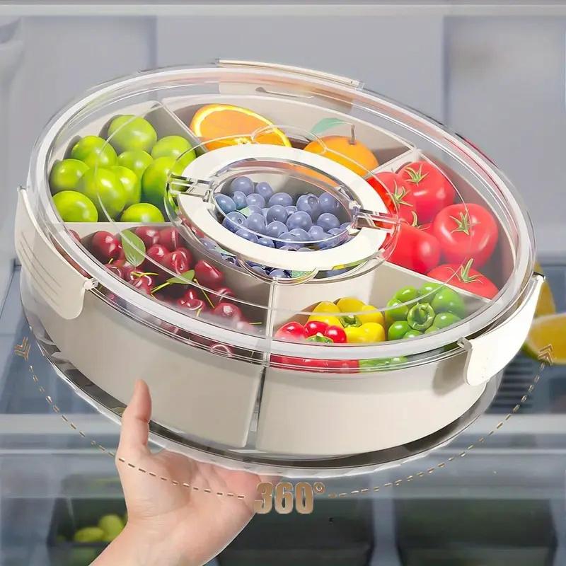Rotating Snack Tray with Lid and Handle Storage Box Multi-Compartment Fruit and Vegetable Serving Platter Durable PP Material