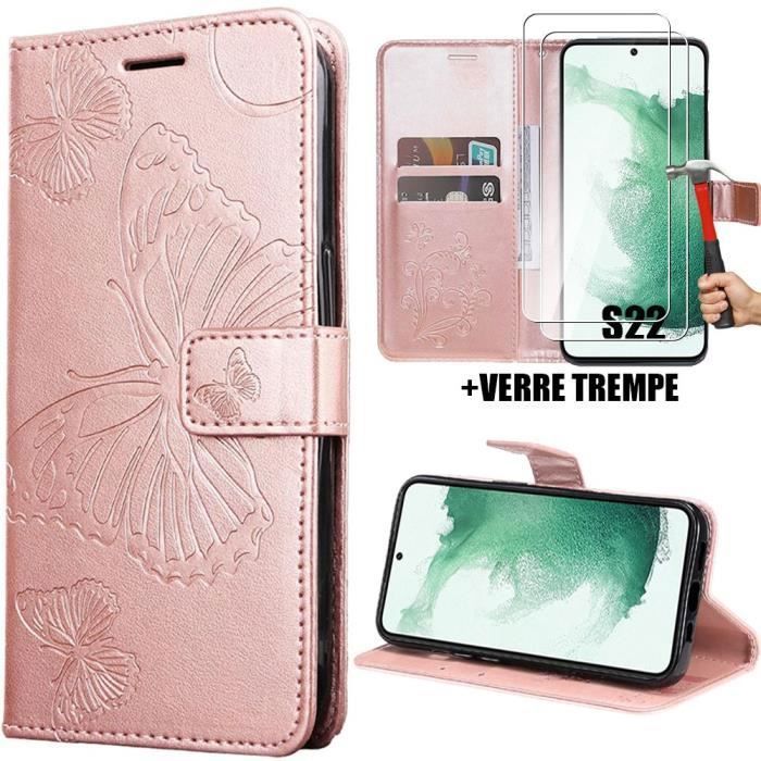 Coque - PROSHOP - pour Samsung Galaxy S22 - Cuir Synthétique - Élégante - Rose - 2 Verres trempés