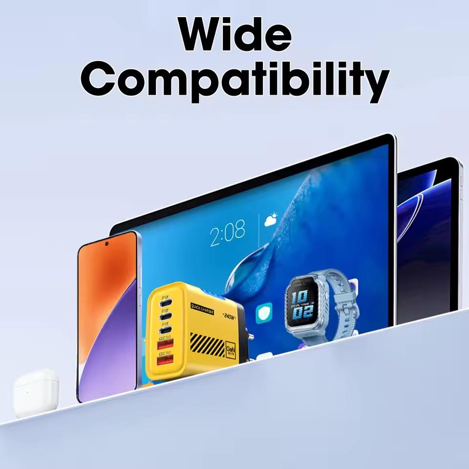 5-в-1 GaN Настольное зарядное устройство Для IPhone17 16Pro Ноутбука Samsung 240 Вт Адаптер быстрой зарядки USB C на Type-C Кабель 3PD 2USB Зарядное устройство