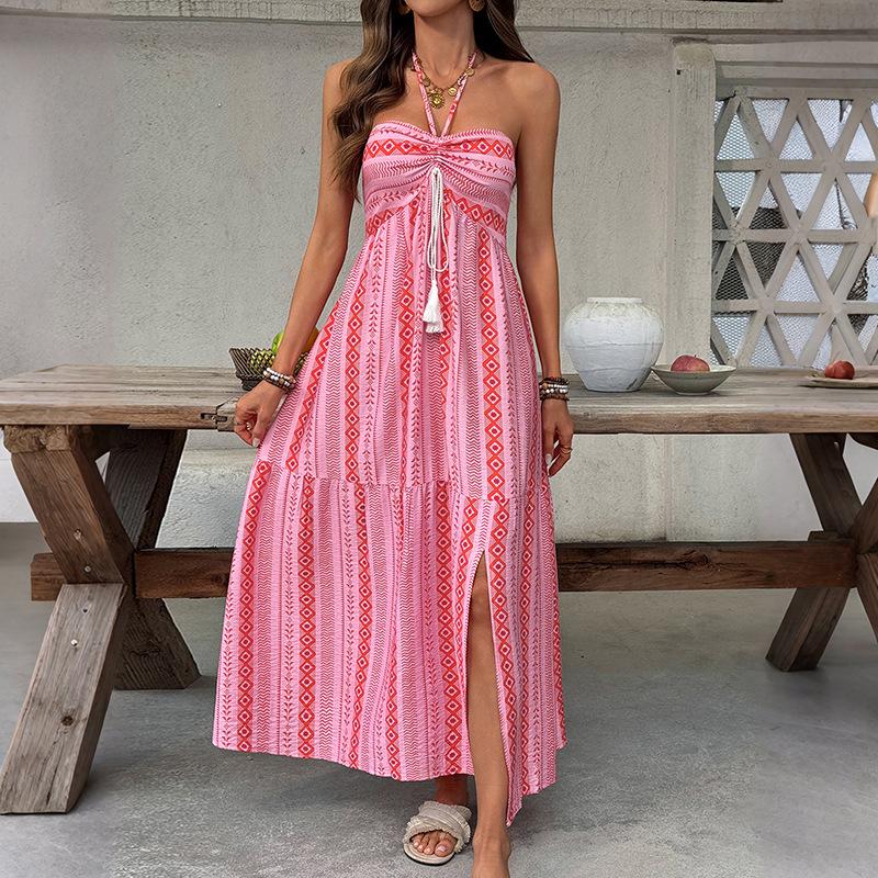 Women's Fashion Summer Spring Geometric Print Sleeveless Hanging Neck High Waist Casual Dresses