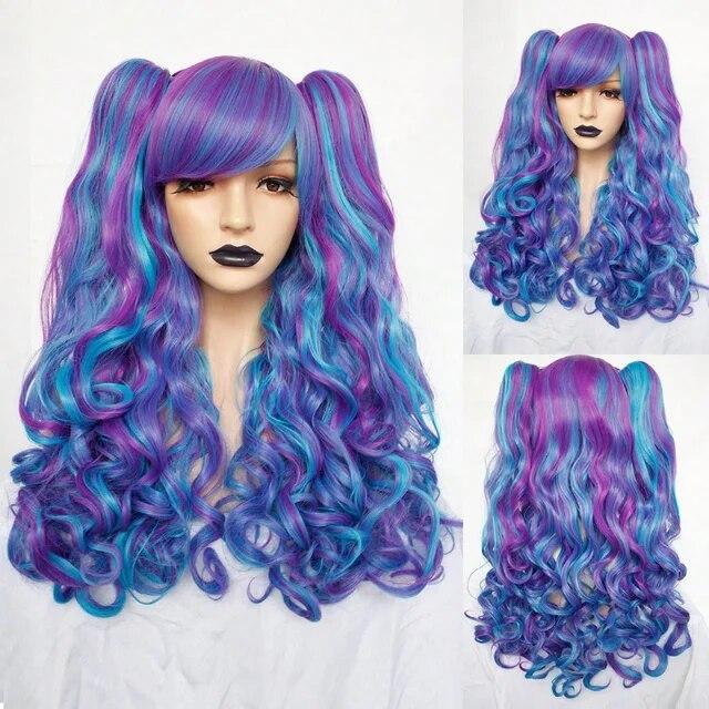 Парик для косплея Синтетический длинный цветной вьющийся парик для косплея Лолиты для девочек с двойными хвостиками и 1 шапочкой для парика
