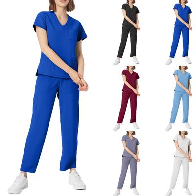 Женский однотонный топ с короткими рукавами и V-образным вырезом, карманами, рабочая одежда, комплект из двух предметов