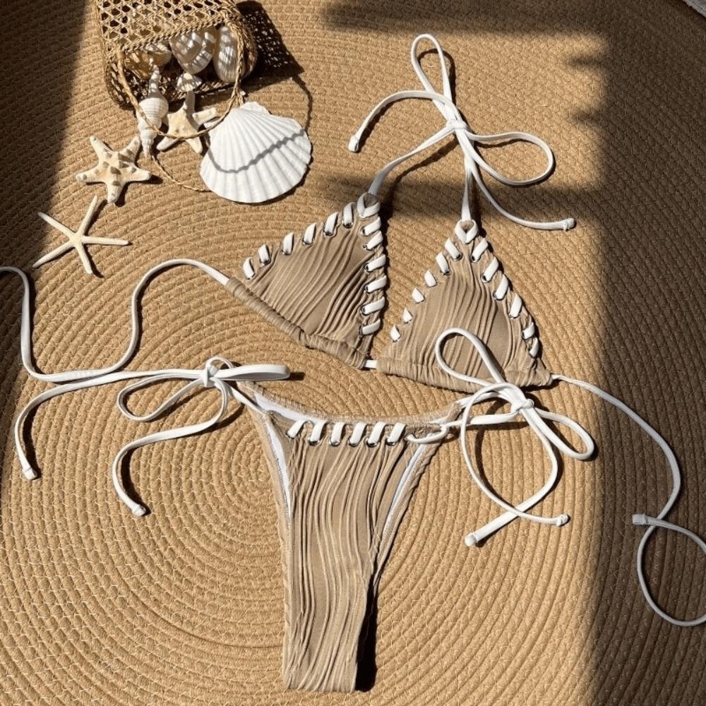 Lace Up Swimwear Set Ruffled Halter Neck Sling Swimsuit Simple Bikini Suit Resort Wear