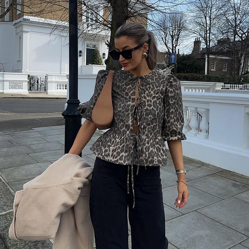 Рубашки на шнуровке с леопардовым принтом, женские, свободные, с рукавами-фонариками, короткая блузка, большой размер, повседневный топ с круглым вырезом, летняя, новая мода