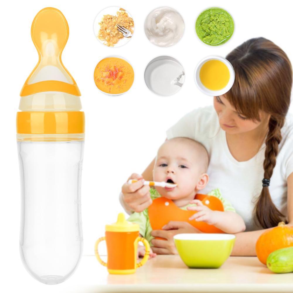 90ML Safety Squeeze Milk Bottle Food Rice Feeder With Spoon Feeding Bottle